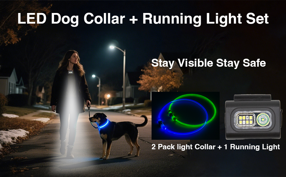 2 pack dog light up collar, rechargeable led collars, glow in the night necklace for camping safety,waterproof&adjustable for small medium large puppy,cats
